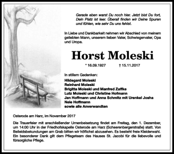 Traueranzeige von Horst Moleski von Harz Kurier