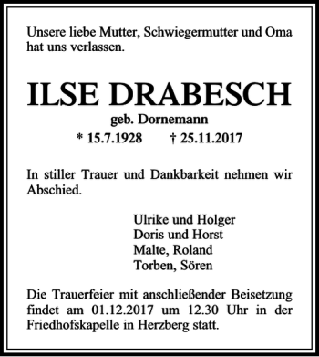 Traueranzeige von ILSE DRABESCH von Harz Kurier