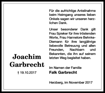 Traueranzeige von Joachim Garbrecht von Harz Kurier