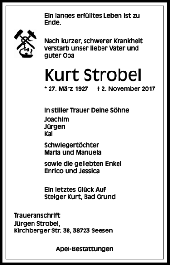 Traueranzeige von Kurt Strobel von Harz Kurier