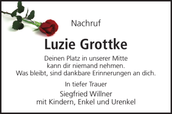 Traueranzeige von Luzie Grottke von Harz Kurier