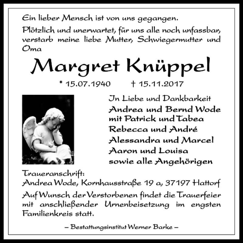  Traueranzeige für Margret Knüppel vom 28.11.2017 aus Harz Kurier