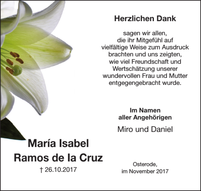  Traueranzeige für María Isabel Ramos de Ia Cruz  vom 18.11.2017 aus Harz Kurier