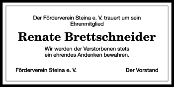 Traueranzeige von Renate Brettschneider von Harz Kurier