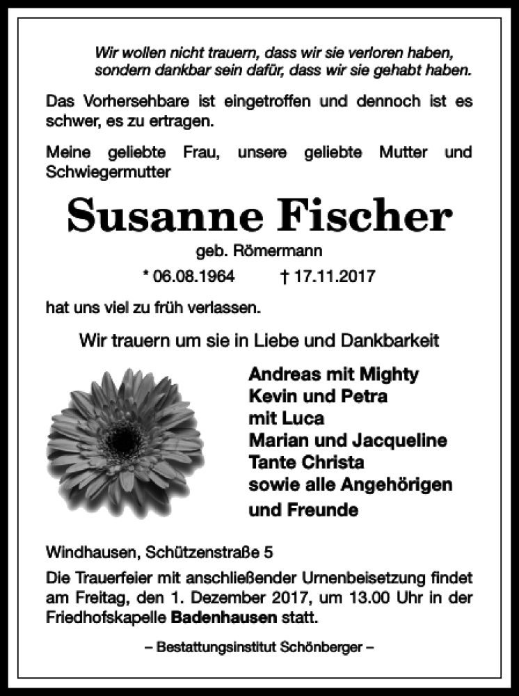  Traueranzeige für Susanne Fischer vom 25.11.2017 aus Harz Kurier