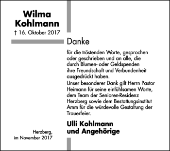 Traueranzeige von Wilma Kohlmann von Harz Kurier