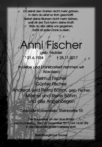 Traueranzeige von Anni Fischer von Harz Kurier
