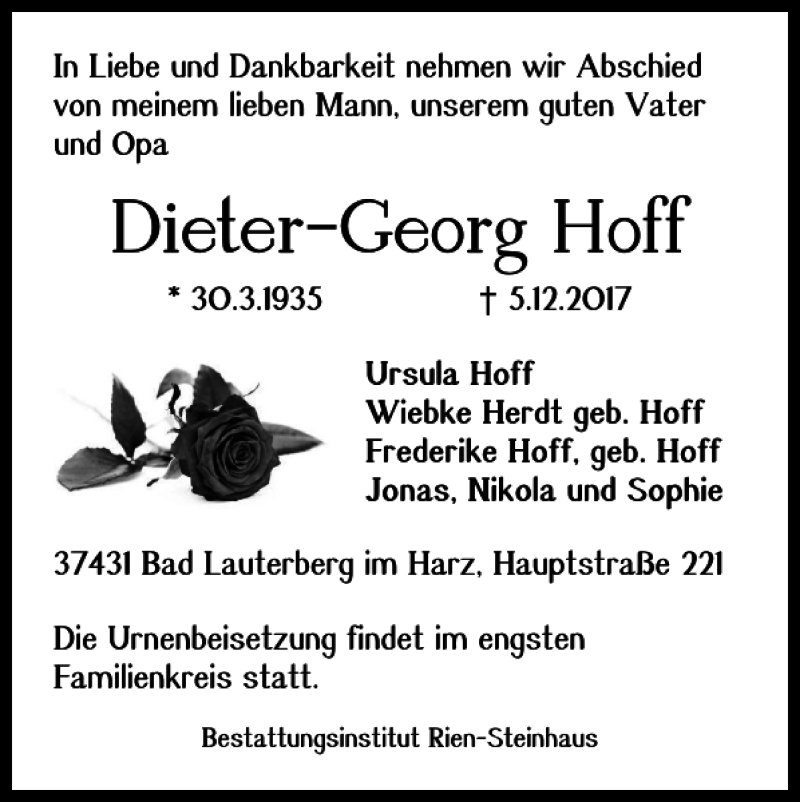  Traueranzeige für Dieter-Georg Hoff vom 09.12.2017 aus Harz Kurier