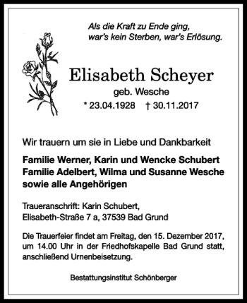 Traueranzeige von Elisabeth Scheyer von Harz Kurier