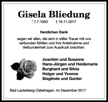 Traueranzeige von Gisela Bliedung von Harz Kurier