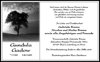 Traueranzeige von Gundula Gadow von Harz Kurier
