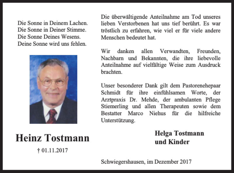  Traueranzeige für Heinz Tostmann vom 09.12.2017 aus Harz Kurier
