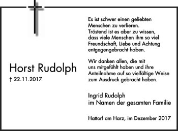 Traueranzeige von Horst Rudolph von Harz Kurier