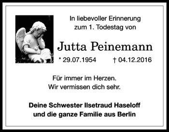 Traueranzeige von Jutta Peinemann von Harz Kurier