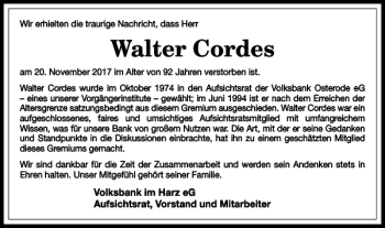 Traueranzeige von Walter Cordes von Harz Kurier