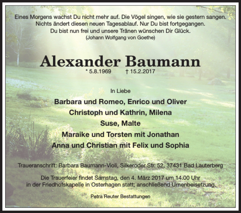  Traueranzeige für Alexander Baumann vom 21.02.2017 aus Harz Kurier