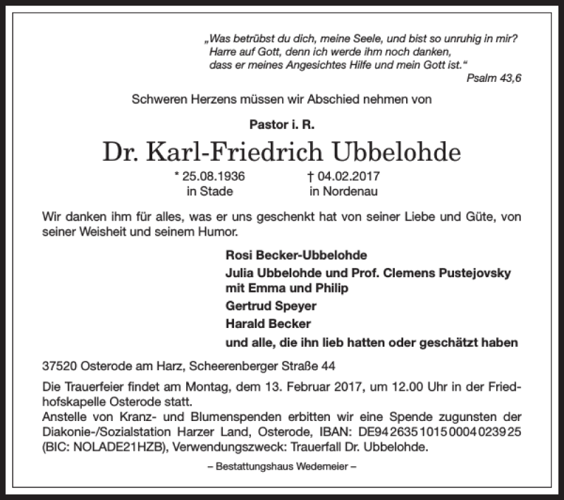  Traueranzeige für Dr. Karl-Friedrich Ubbelohde vom 08.02.2017 aus Harz Kurier
