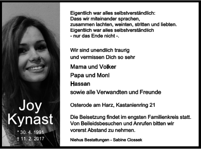  Traueranzeige für Joy Kynast vom 18.02.2017 aus Harz Kurier