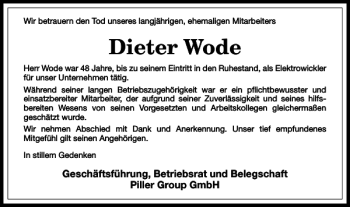 Traueranzeige von Dieter Wode von Harz Kurier