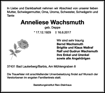 Traueranzeige von Anneliese Wachsmuth von Harz Kurier