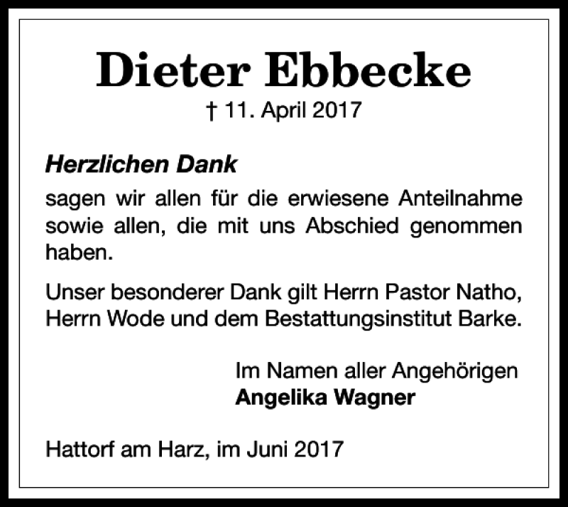  Traueranzeige für Dieter Ebbecke vom 16.06.2017 aus Harz Kurier