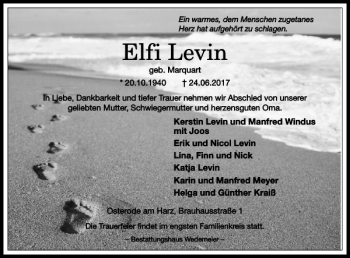 Traueranzeige von Elfi Levin von Harz Kurier