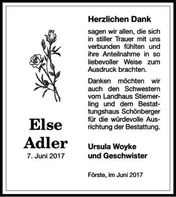 Traueranzeige von Else Adler von Harz Kurier