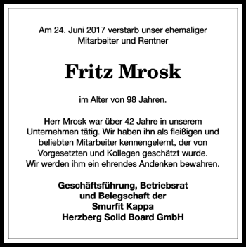 Traueranzeige von Fritz Mrosk von Harz Kurier