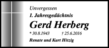 Traueranzeige von Gerd Herberg von Harz Kurier