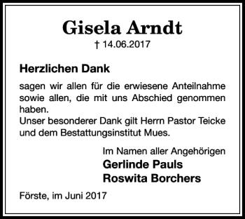 Traueranzeige von Gisela Arndt von Harz Kurier