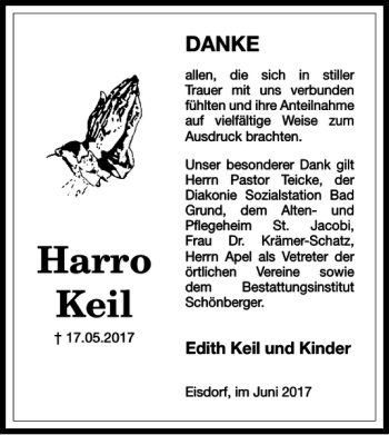 Traueranzeige von Harro Keil von Harz Kurier