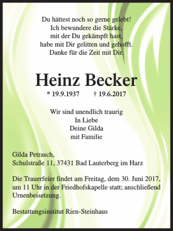 Traueranzeige von Heinz Becker von Harz Kurier