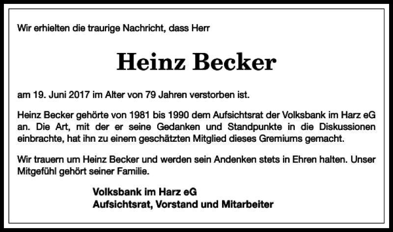  Traueranzeige für Heinz Becker vom 27.06.2017 aus Harz Kurier
