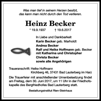 Traueranzeige von Heinz Becker von Harz Kurier