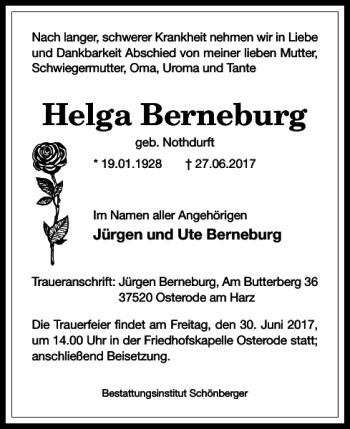 Traueranzeige von Helga Berneburg von Harz Kurier