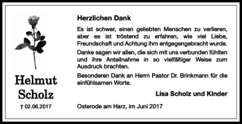 Traueranzeige von Helmut Scholz von Harz Kurier