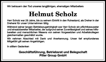 Traueranzeige von Helmut Scholz von Harz Kurier