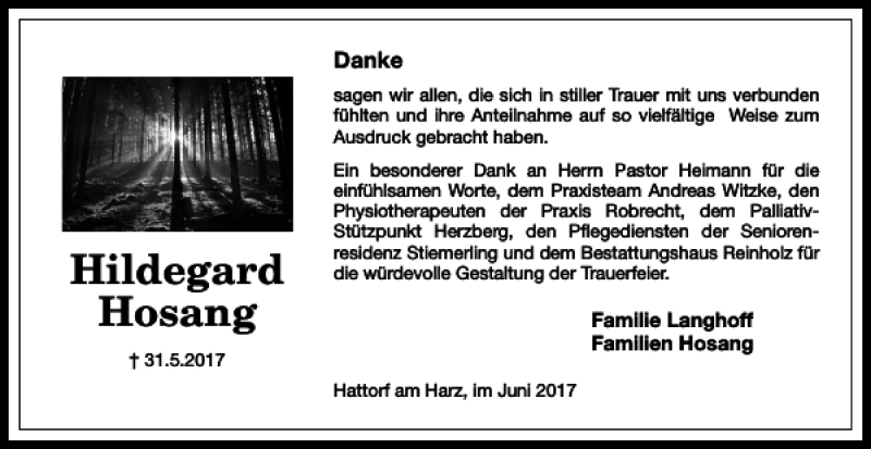  Traueranzeige für Hildegard Hosang vom 24.06.2017 aus Harz Kurier