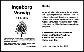 Traueranzeige von Ingeborg Vorwig von Harz Kurier