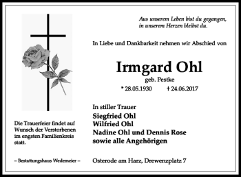 Traueranzeige von Irmgard Ohl von Harz Kurier