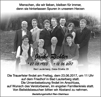 Traueranzeige von Janke Richter von Harz Kurier
