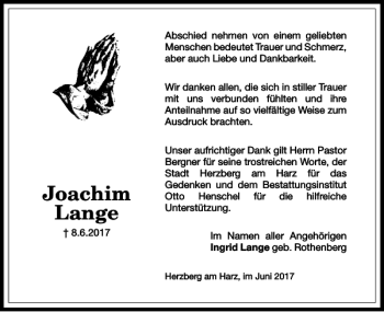 Traueranzeige von Joachim Lange von Harz Kurier