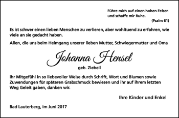 Traueranzeige von Johanna Hensel von Harz Kurier