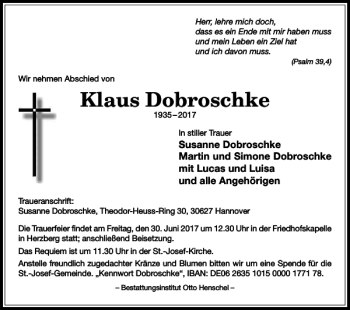 Traueranzeige von Klaus Dobroschke von Harz Kurier