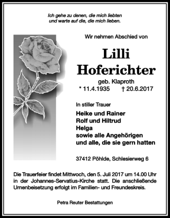 Traueranzeige von Lilli Hoferichter von Harz Kurier