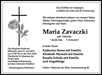 Traueranzeige von Maria Zavaczki von Harz Kurier