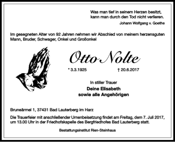 Traueranzeige von Otto Nolte von Harz Kurier