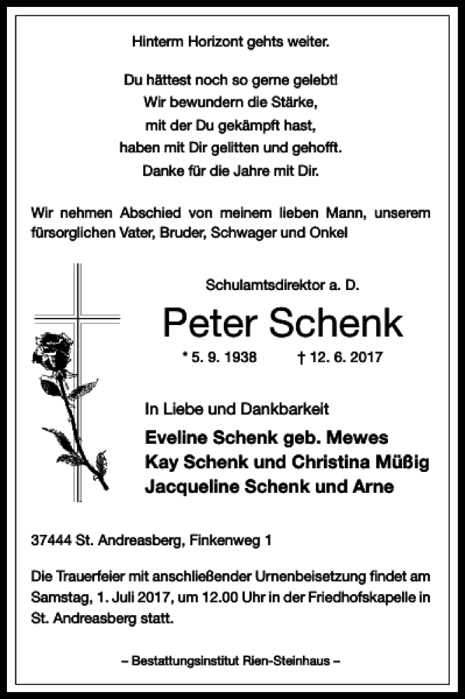  Traueranzeige für Peter Schenk vom 17.06.2017 aus Harz Kurier