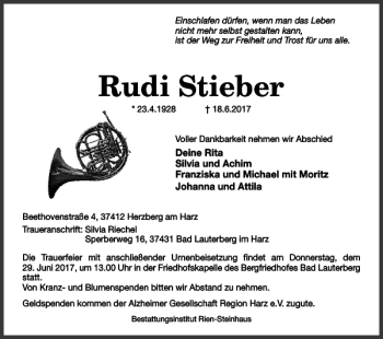 Traueranzeige von Rudi Stieber von Harz Kurier