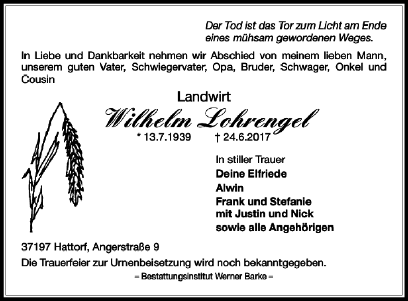 Traueranzeige für Wilhelm Lohrengel vom 27.06.2017 aus Harz Kurier